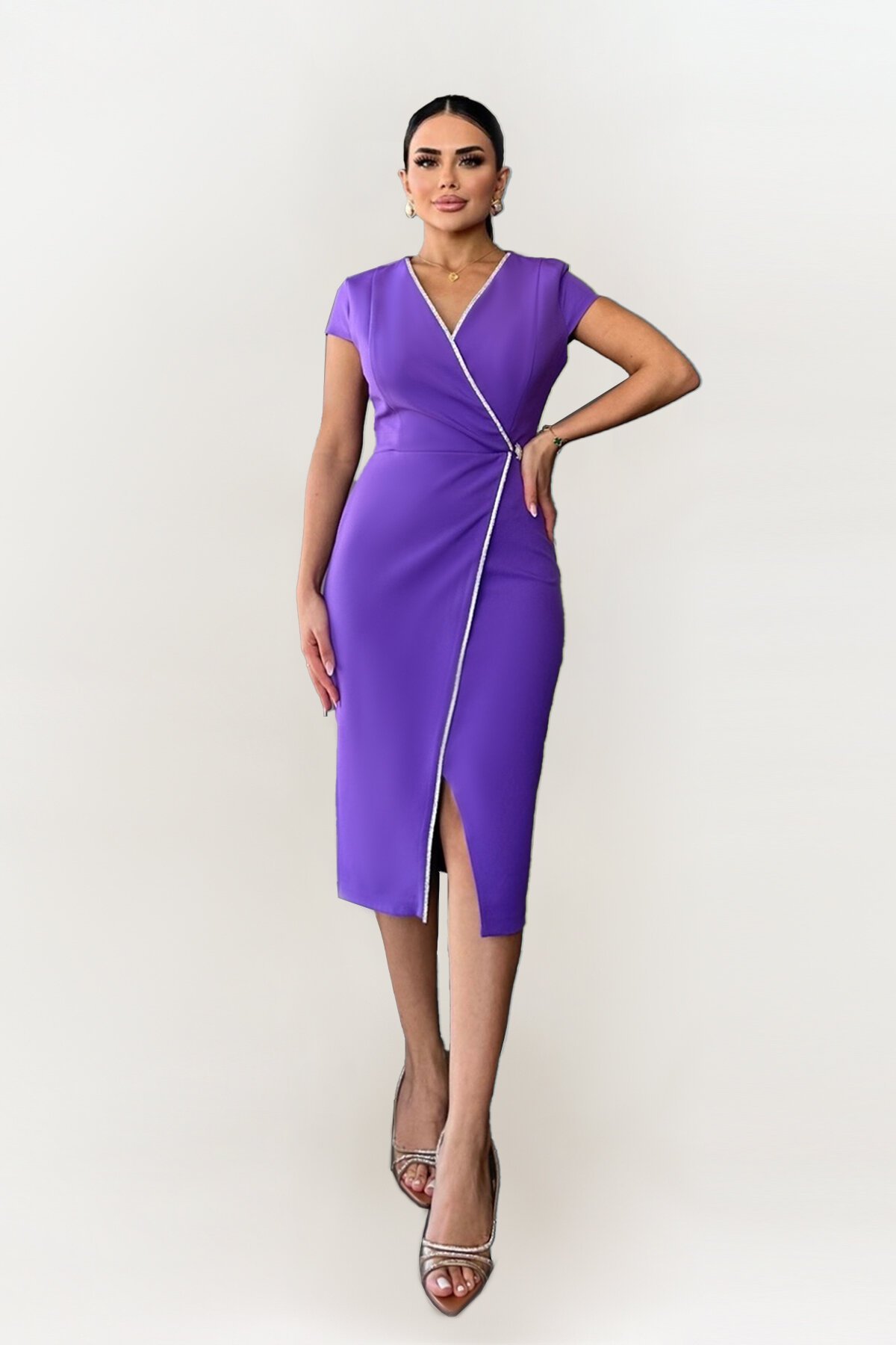 Taş Detaylı Kruvaze Elbise - 1609