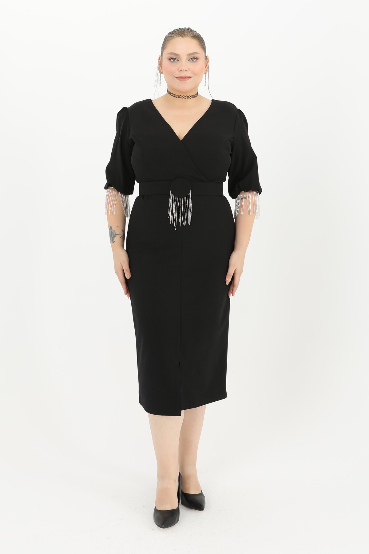 Taş Detaylı Kruvaze Yaka Midi Elbise - 1646