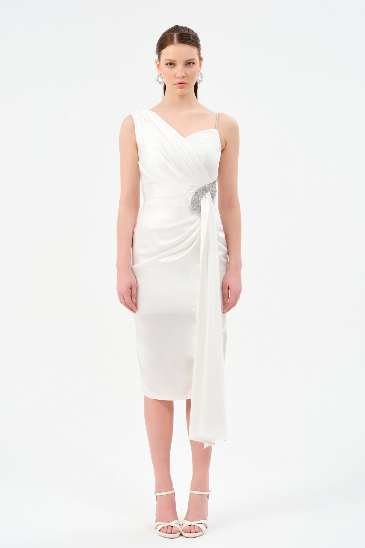 Taş Detaylı Omuzdan Drapeli Midi Elbise - 1510