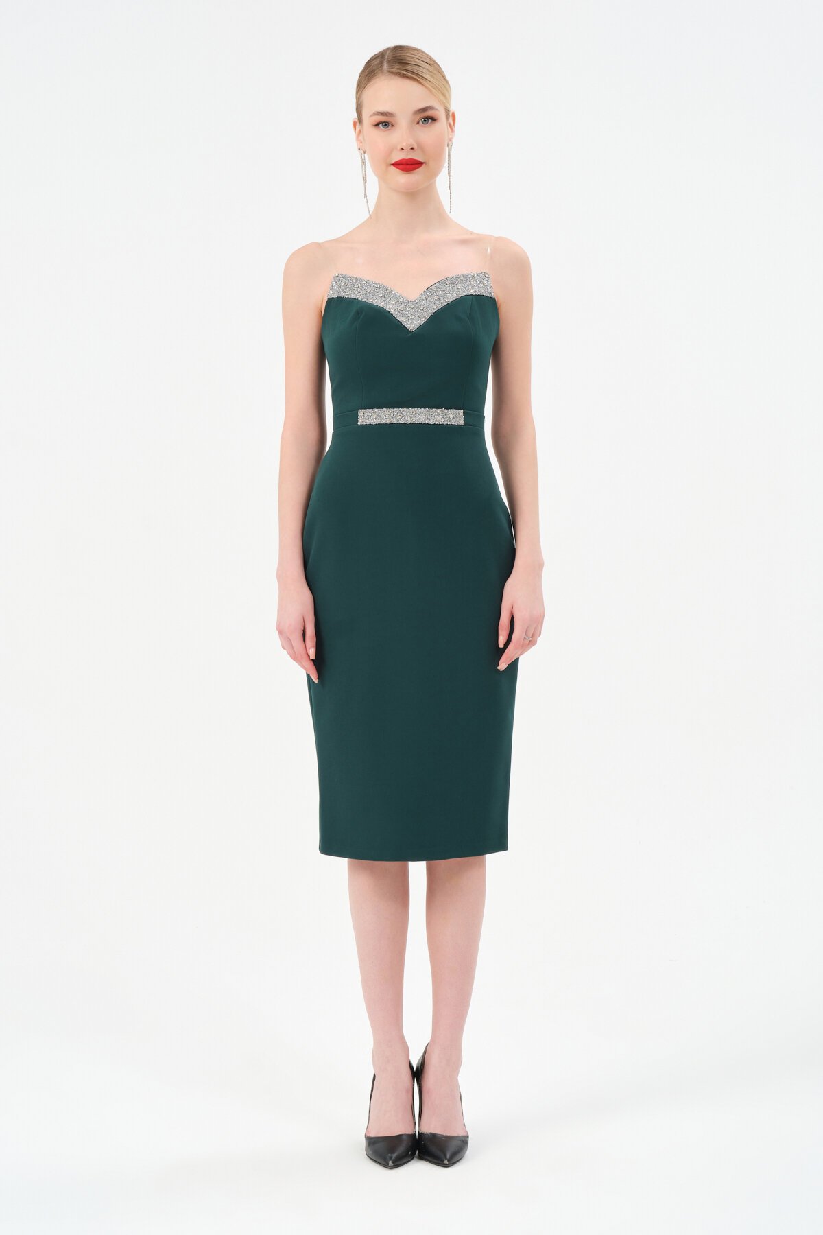 Taş Detaylı Straplez Midi Elbise - 1502