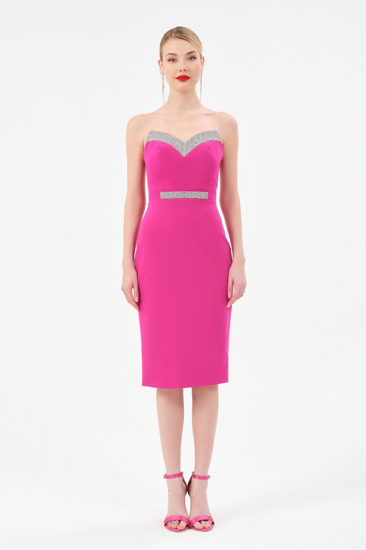 Taş Detaylı Straplez Midi Elbise - 1502