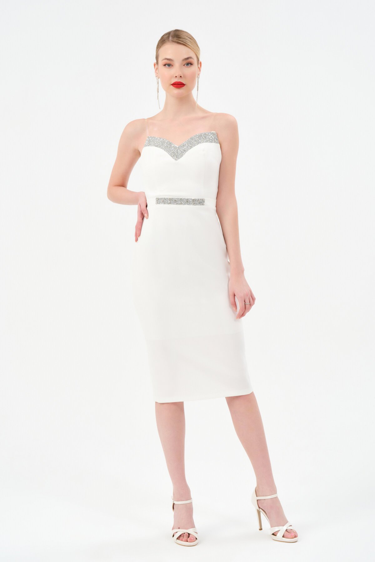 Taş Detaylı Straplez Midi Elbise - 1502