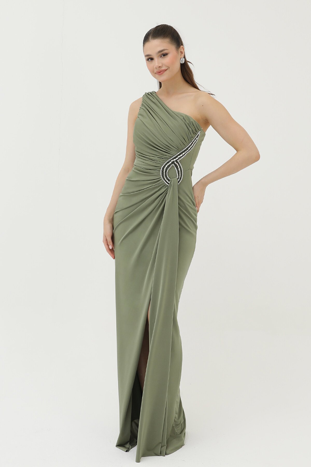 Taş İşlemeli Tek Omuzlu Elbise - 1728