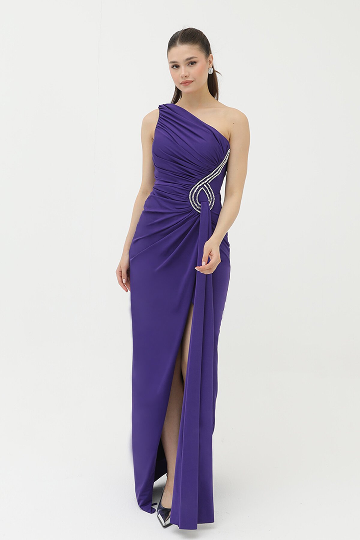 Taş İşlemeli Tek Omuzlu Elbise - 1728