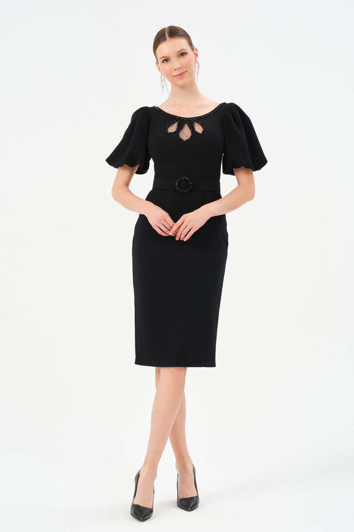 Taş İşlemeli Göğüs Detaylı Midi Elbise - 1560