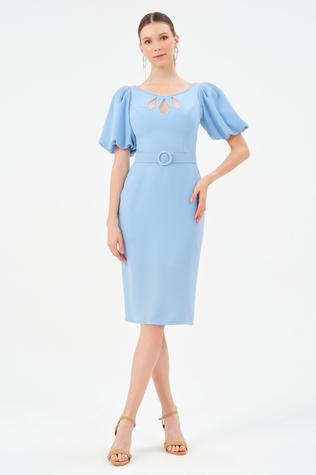 Taş İşlemeli Göğüs Detaylı Midi Elbise - 1560