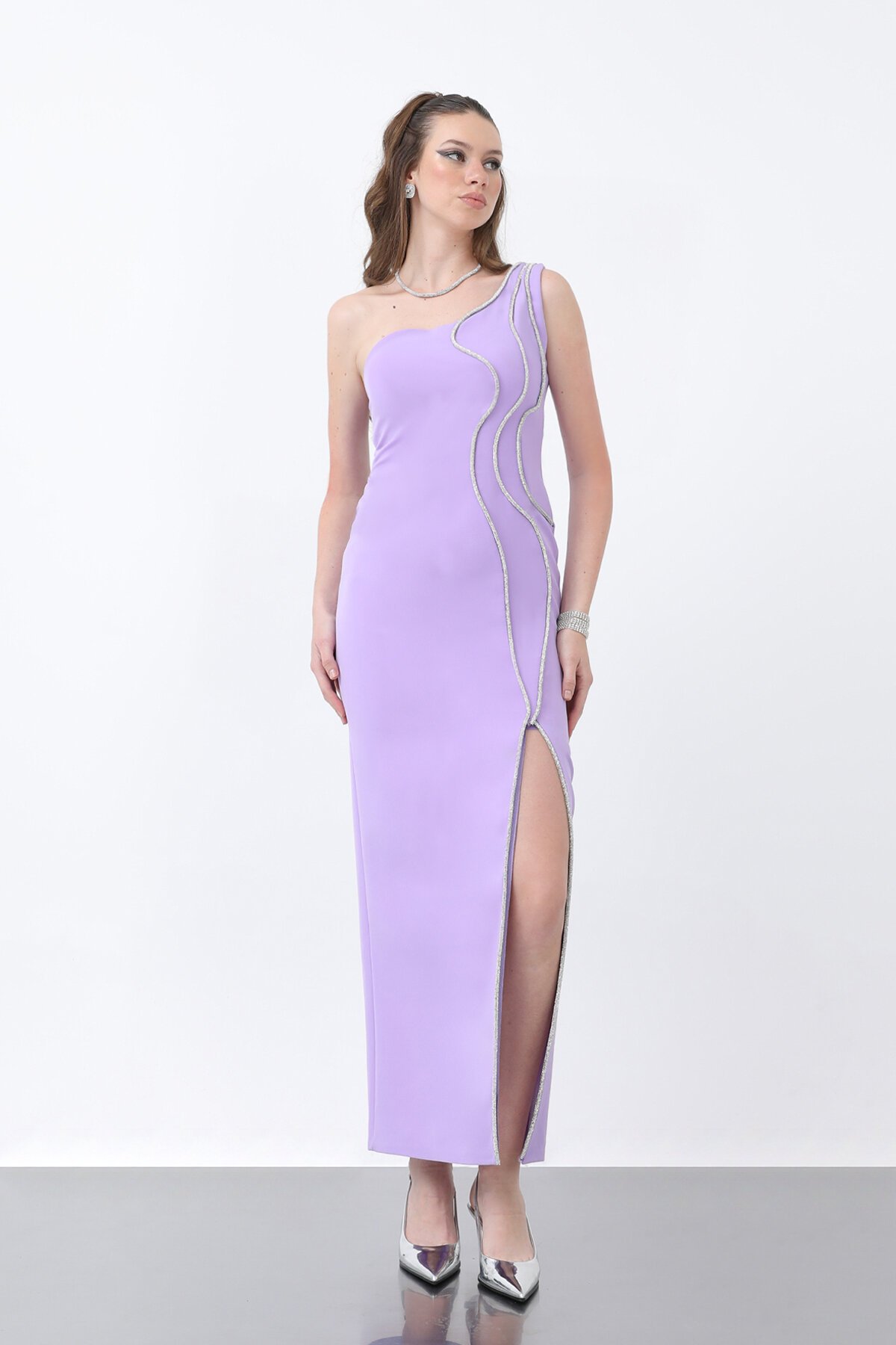 Taş İşlemeli Tek Omuzlu Elbise - 1736