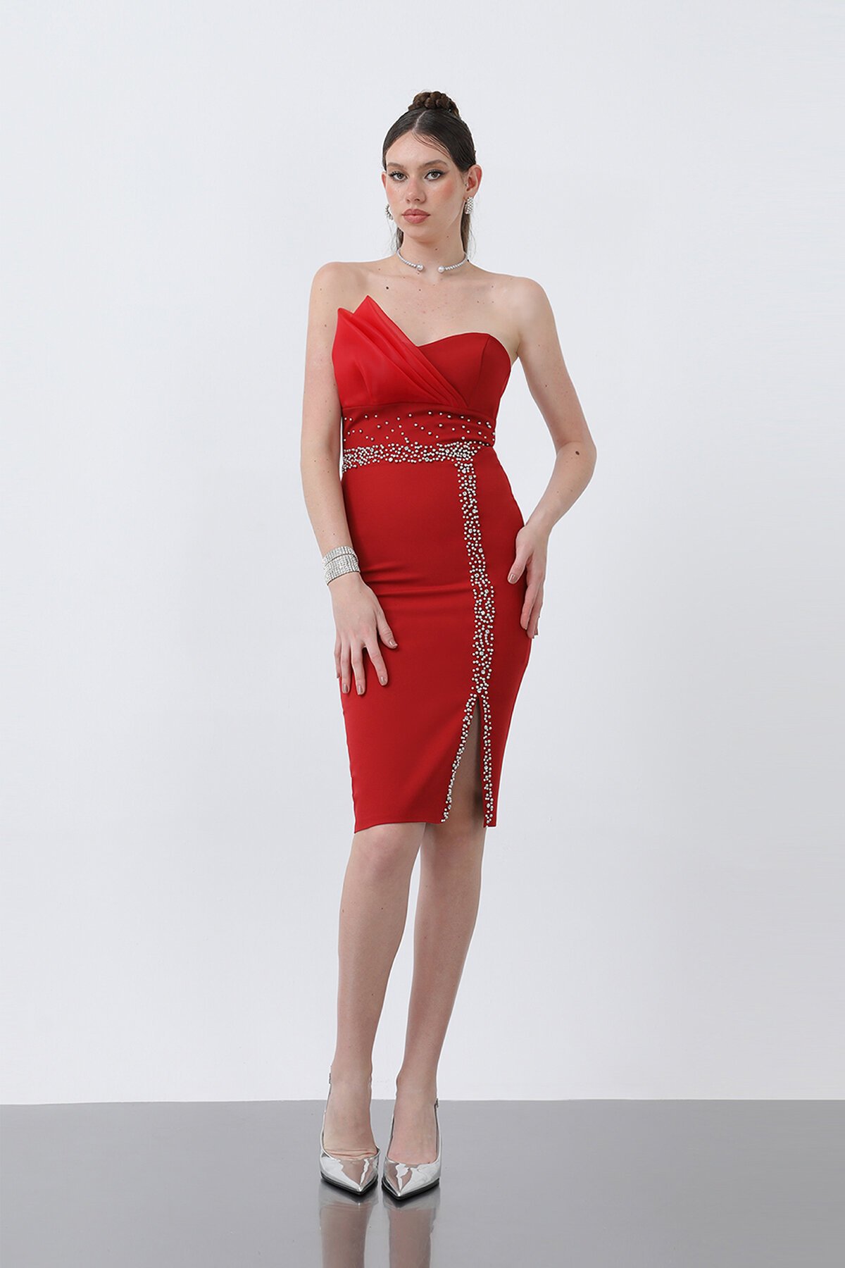 Taş İşlemeli Straplez Mini Elbise - 1863