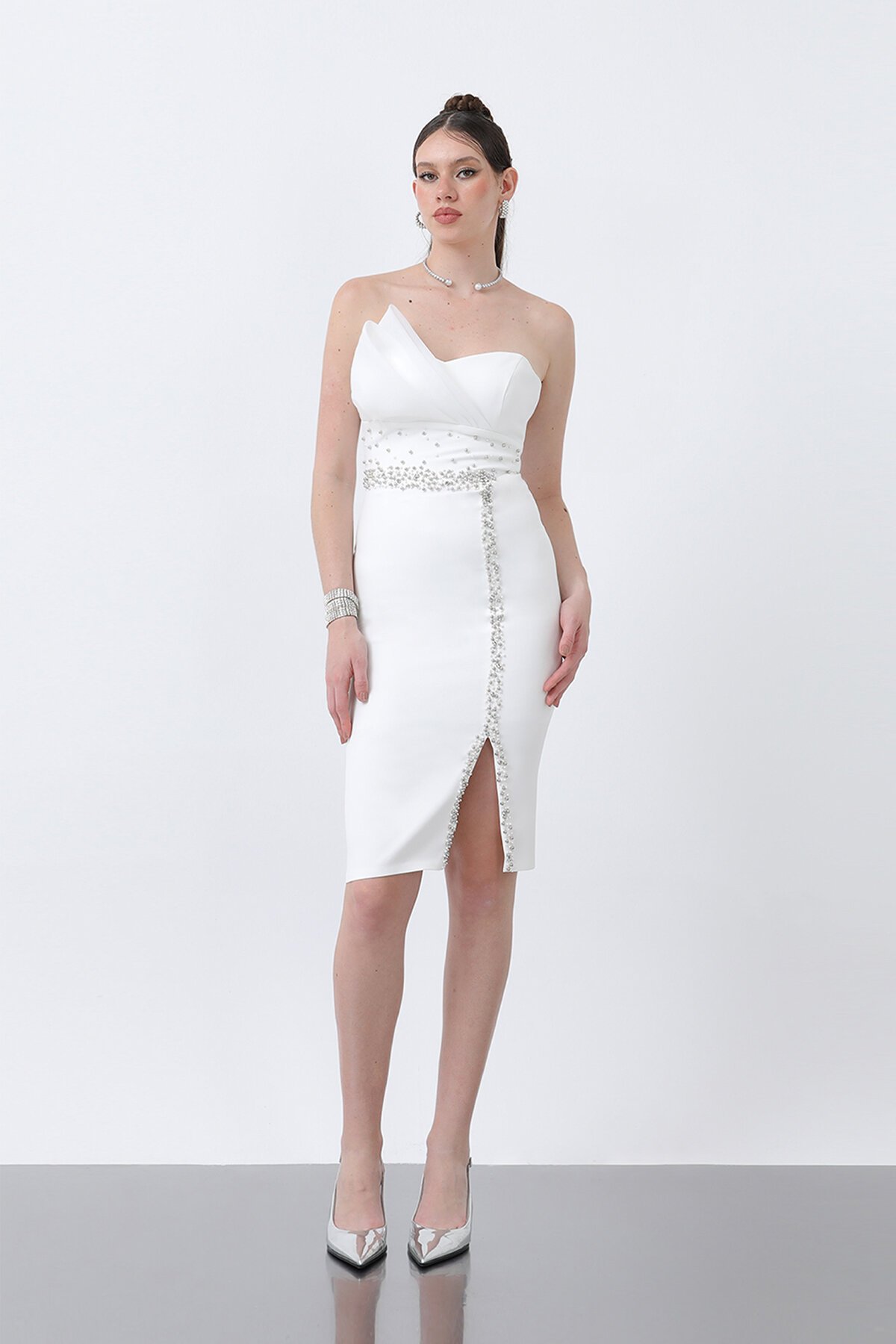 Taş İşlemeli Straplez Mini Elbise - 1863