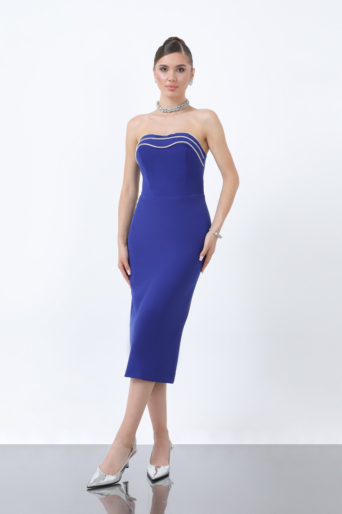 Taş İşlemeli Straplez Midi Elbise - 1871