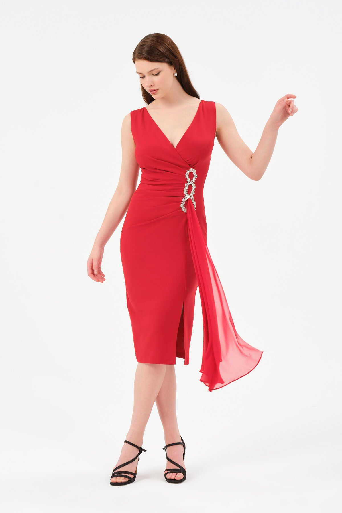 Taş İşlemeli Volanlı Midi Elbise - 1516