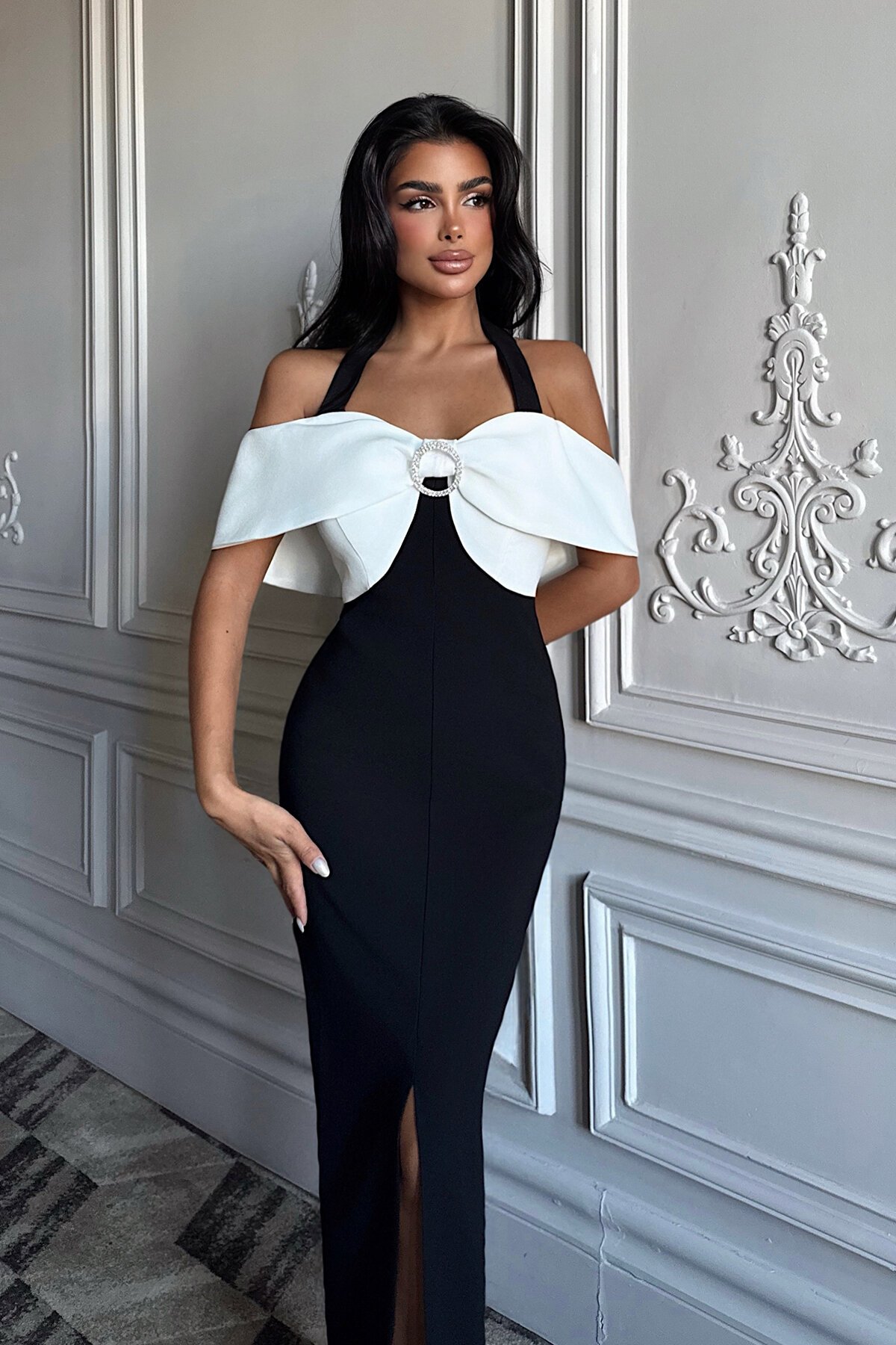 Taş Tokalı Fiyonk Detaylı Midi Elbise - 1831