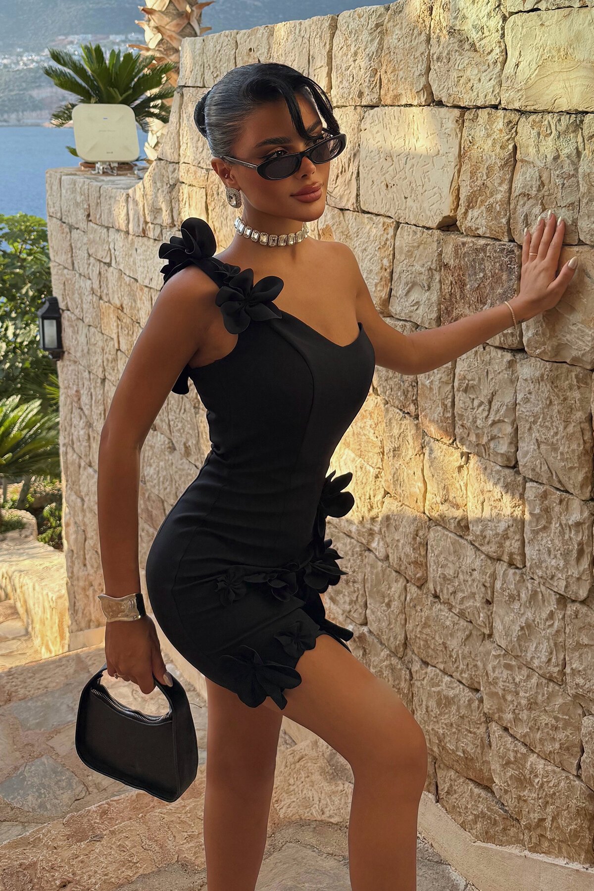 Tek Omuzlu Çiçekli Mini Elbise - 1829