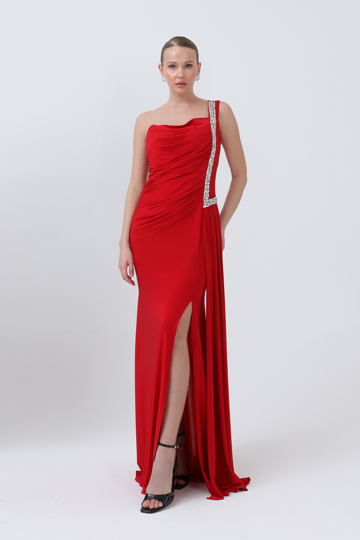 Tek Omuzlu Taş Detaylı Elbise - 1615