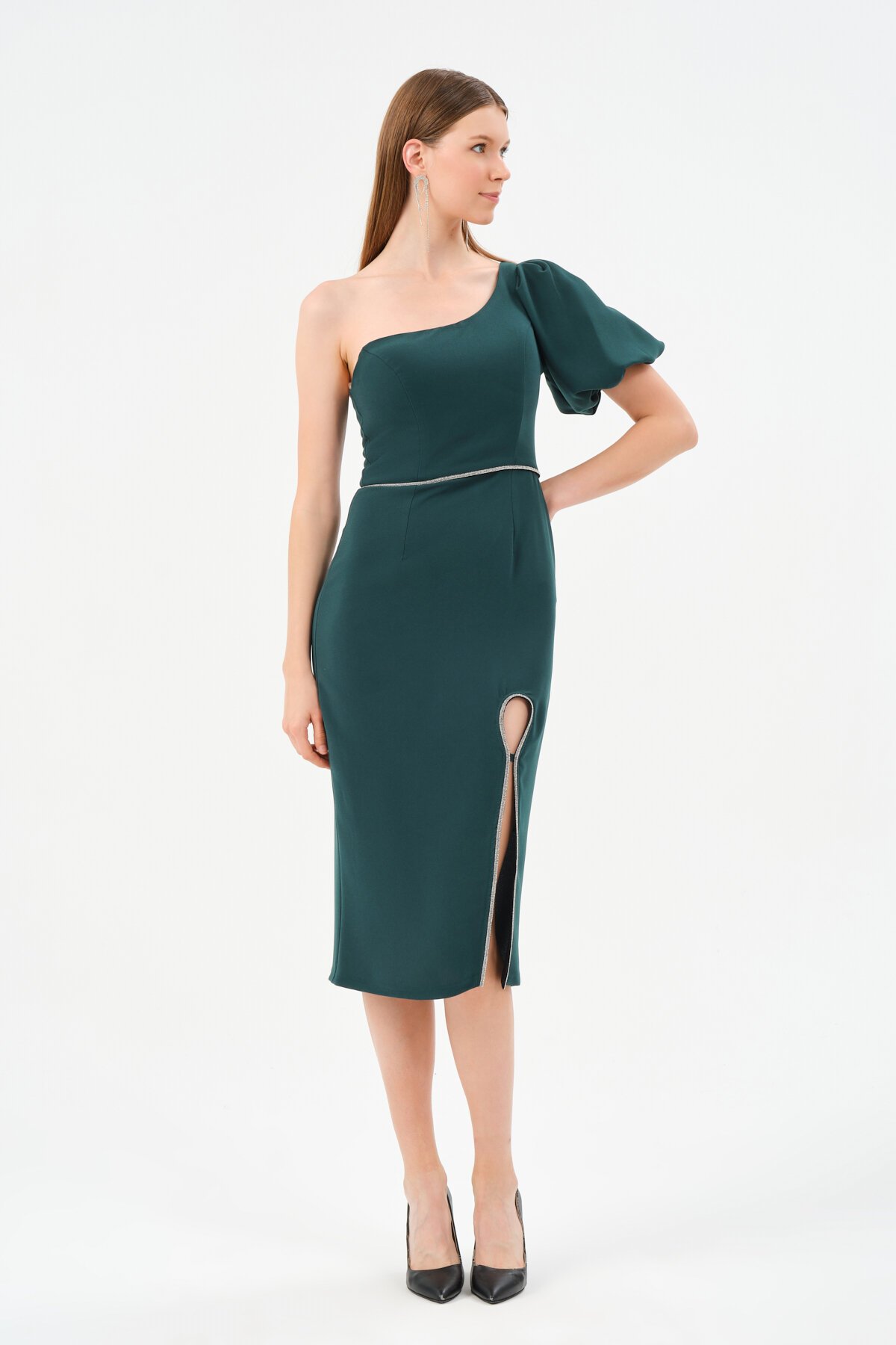 Tek Omuzlu Balon Kollu Midi Elbise - 1523