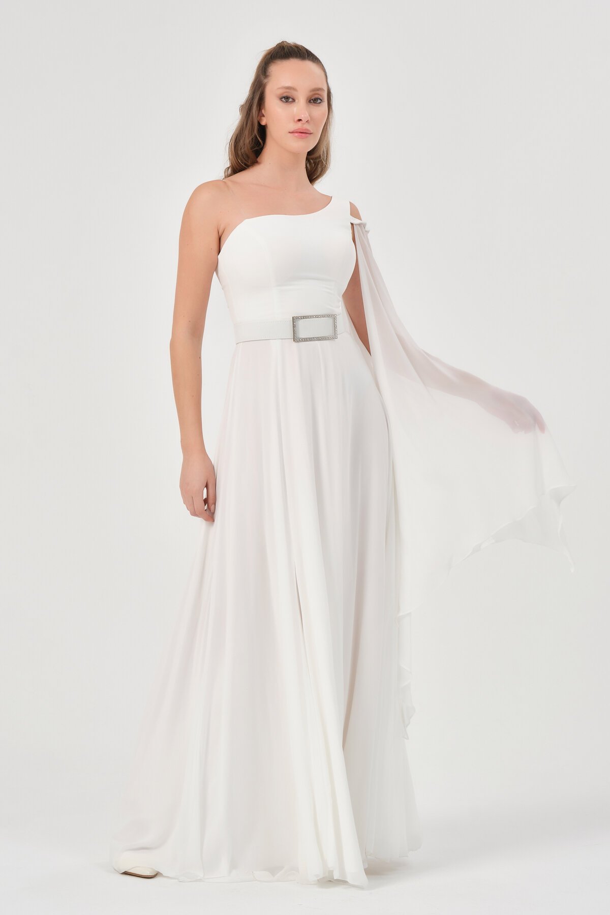 Tek Omuzlu Kemer Detaylı Elbise - 1575