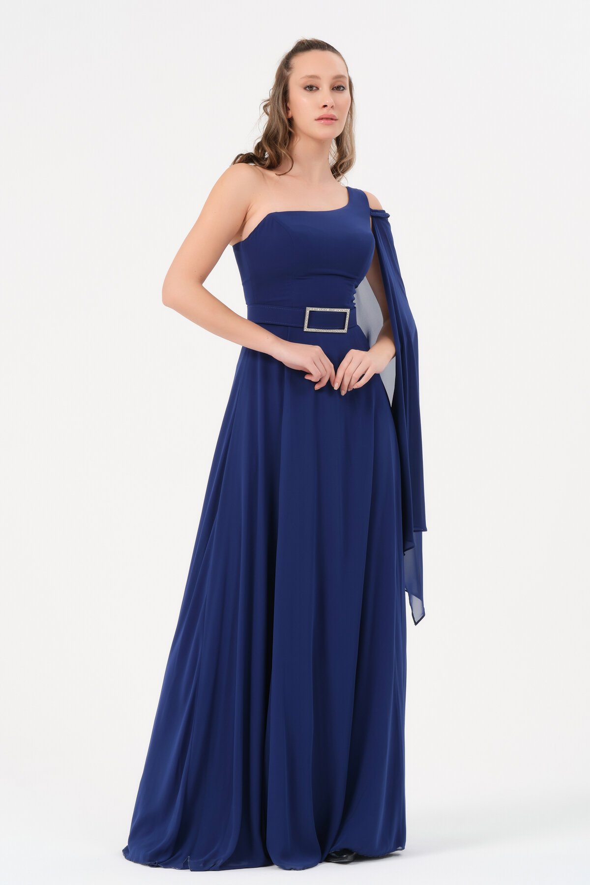 Tek Omuzlu Kemer Detaylı Elbise - 1575