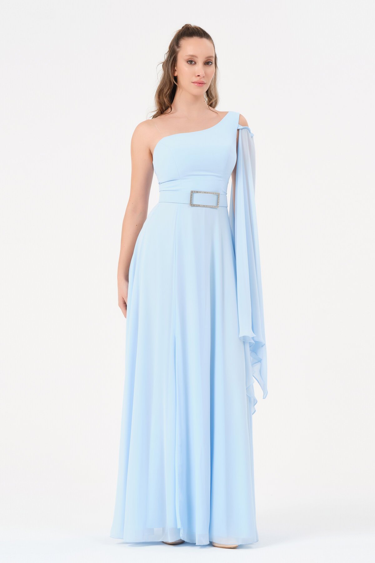 Tek Omuzlu Kemer Detaylı Elbise - 1575