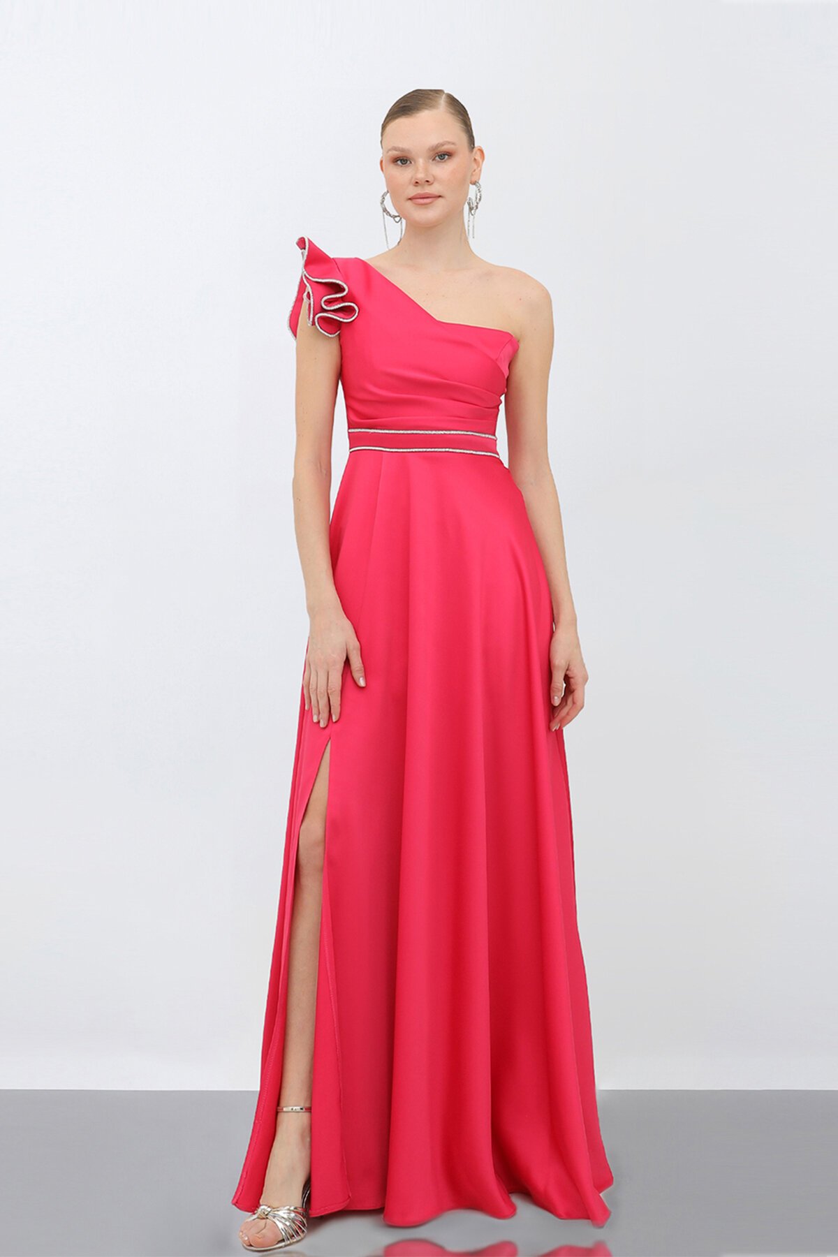 Tek Omuzlu Yırtmaçlı Elbise - 1745