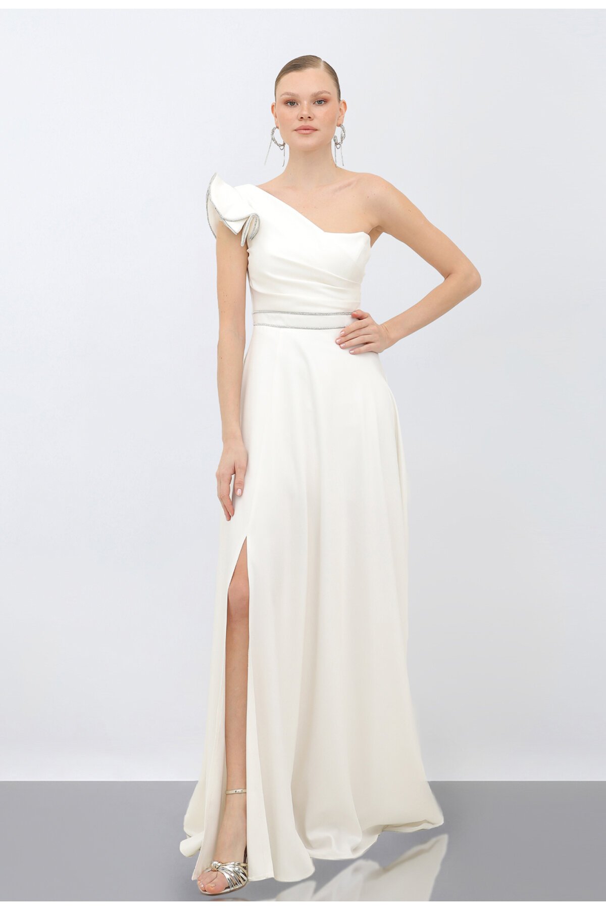 Tek Omuzlu Yırtmaçlı Elbise - 1745