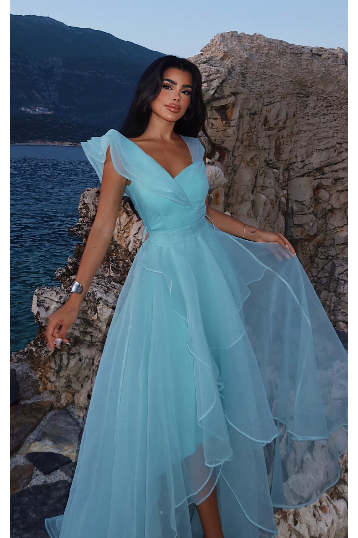 Tül Detaylı Volanlı Elbise - 6003