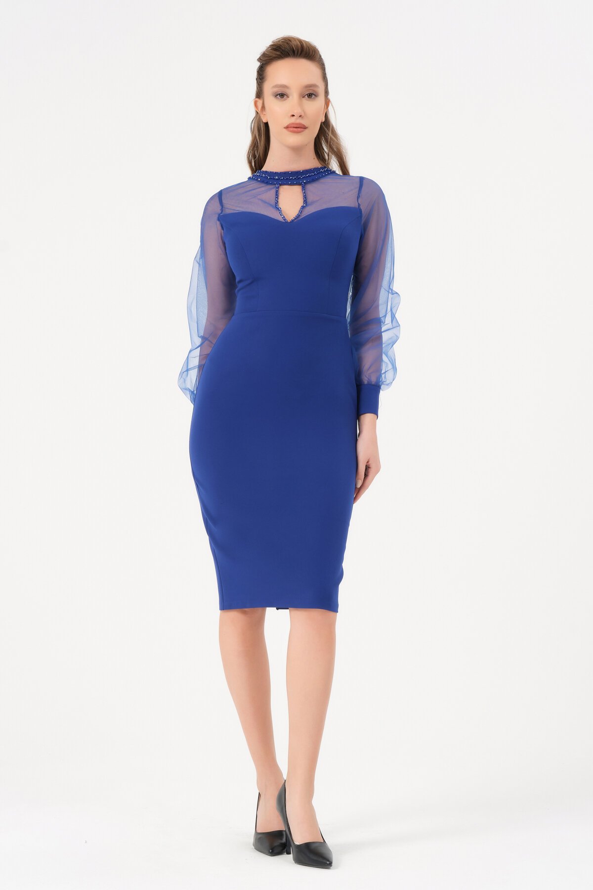 Tül Detaylı Midi Elbise - 1601