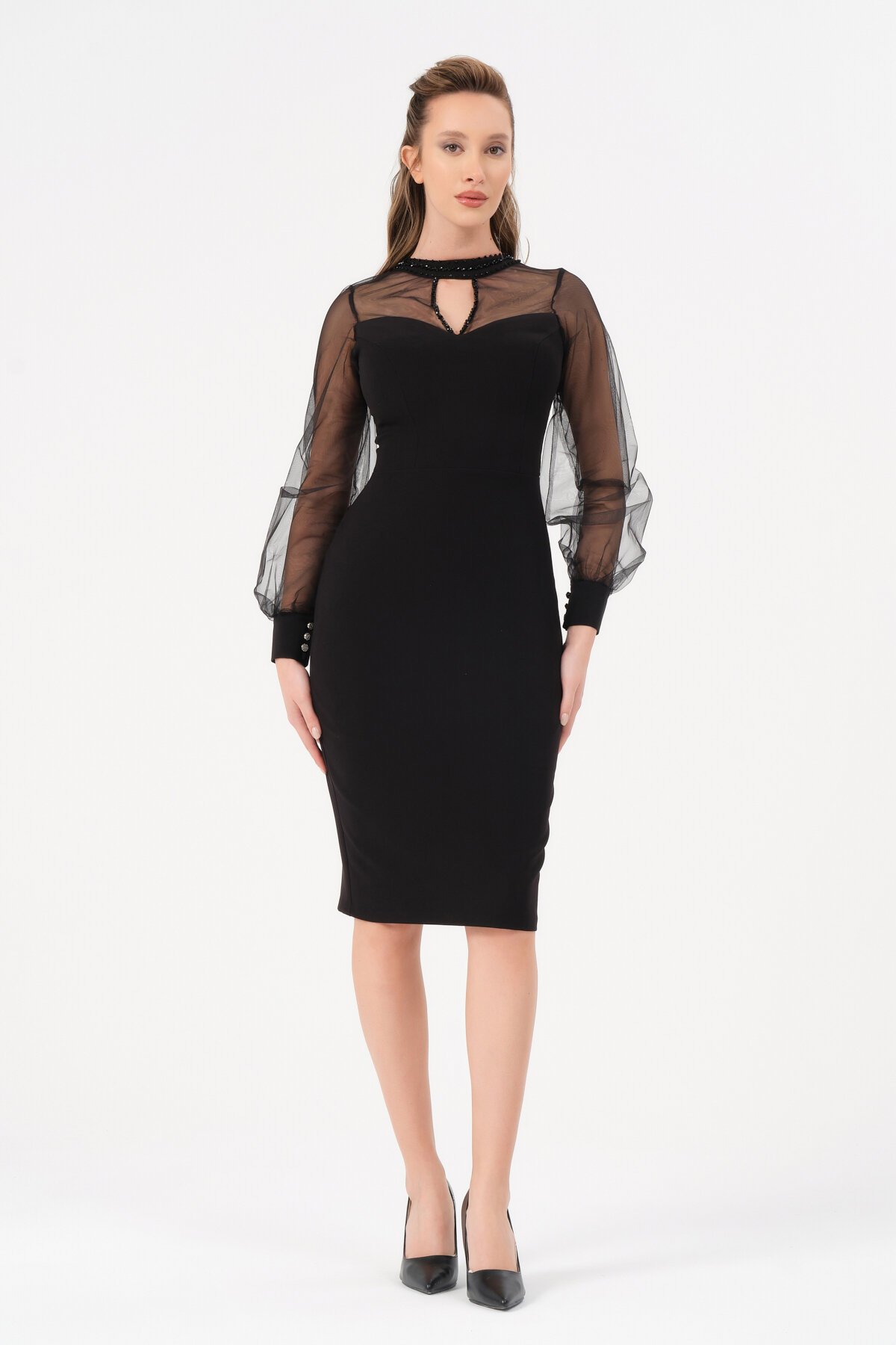 Tül Detaylı Midi Elbise - 1601