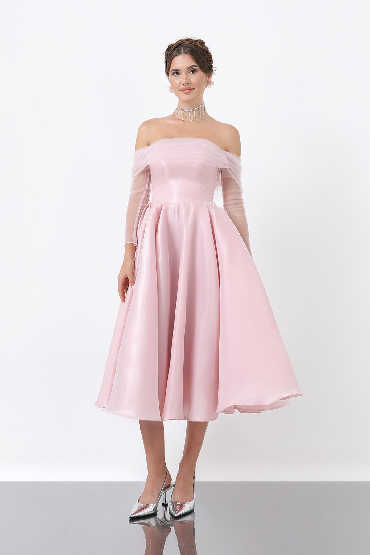 Tül Detaylı Omuz Açık Midi Elbise - 1811