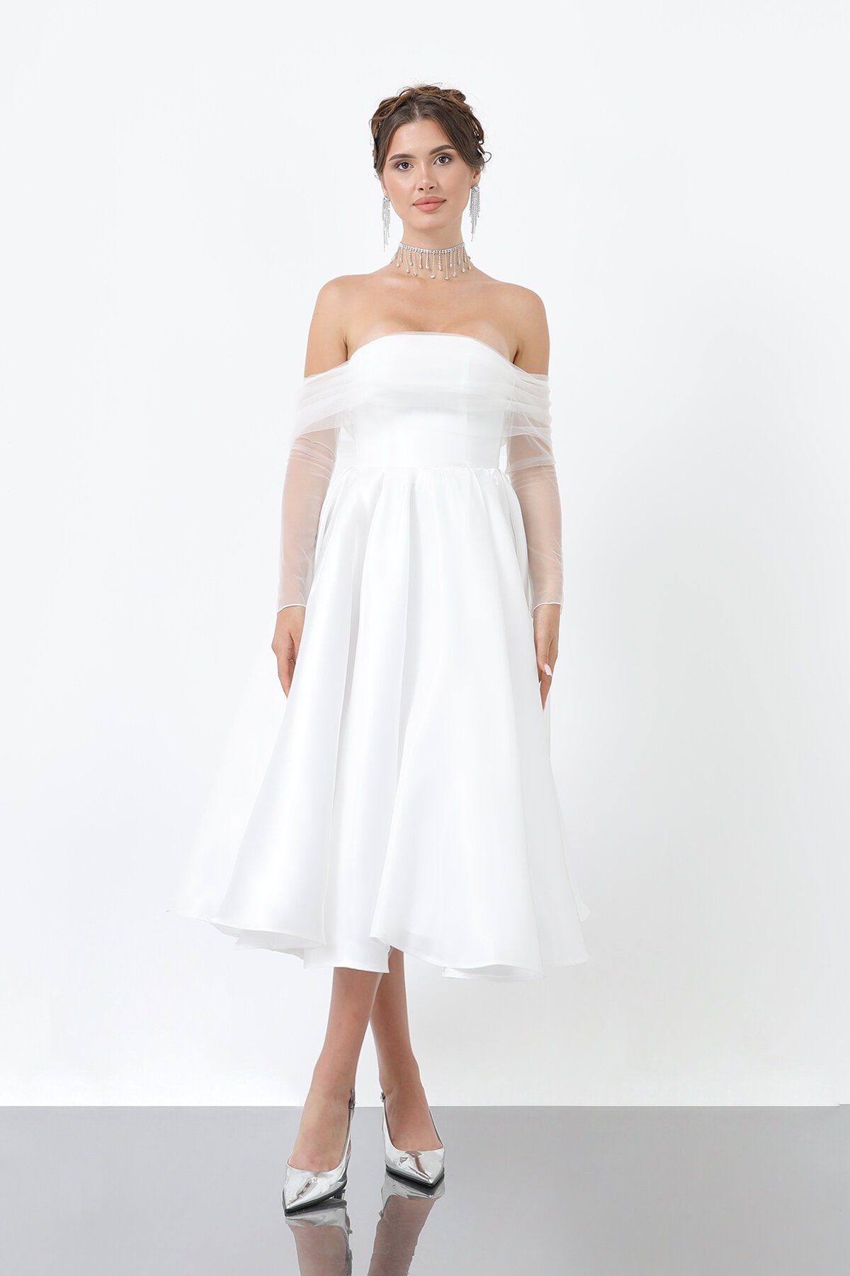 Tül Detaylı Omuz Açık Midi Elbise - 1811