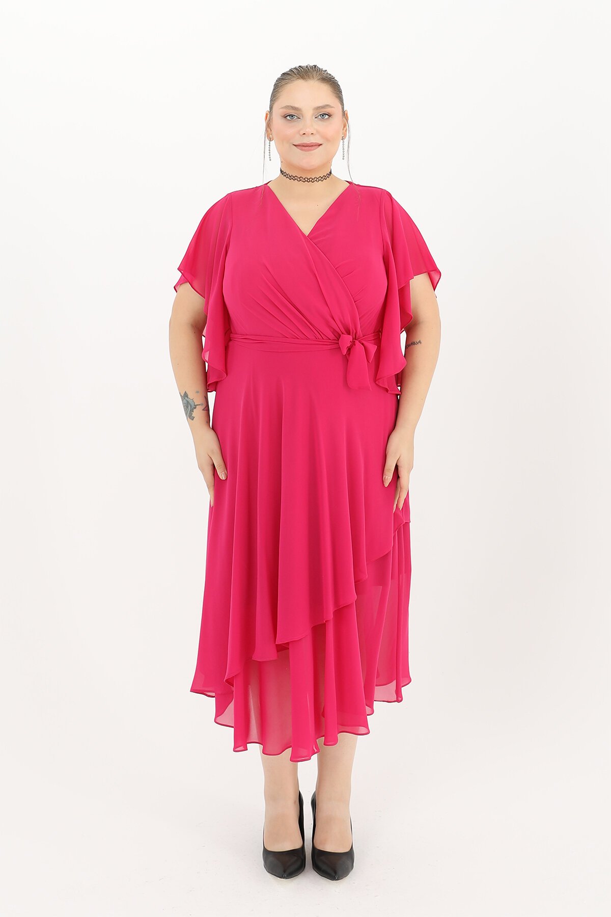 Volanlı Kruvaze Yaka Midi Elbise - 1666