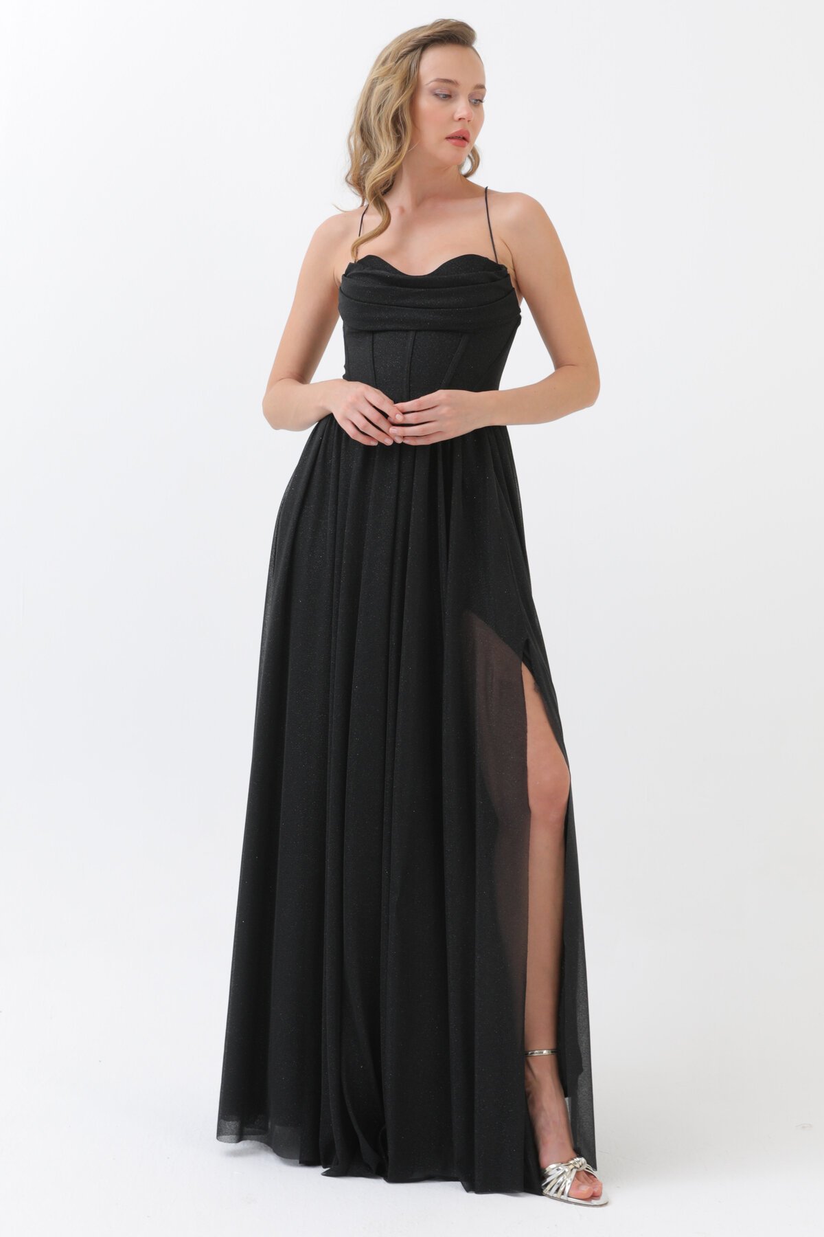 Askılı Simli Yırtmaçlı Elbise - 1771