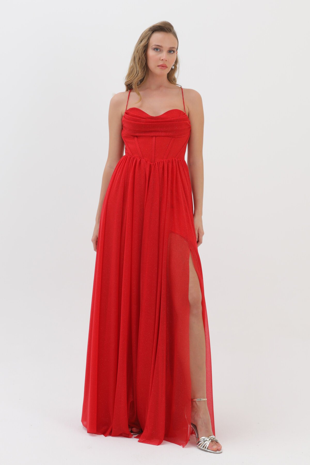 Askılı Simli Yırtmaçlı Elbise - 1771