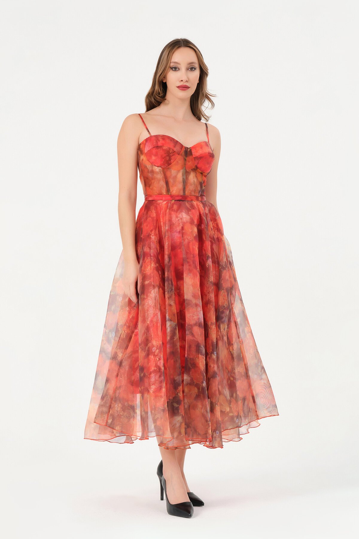 Askılı Desenli Midi Elbise - 1579