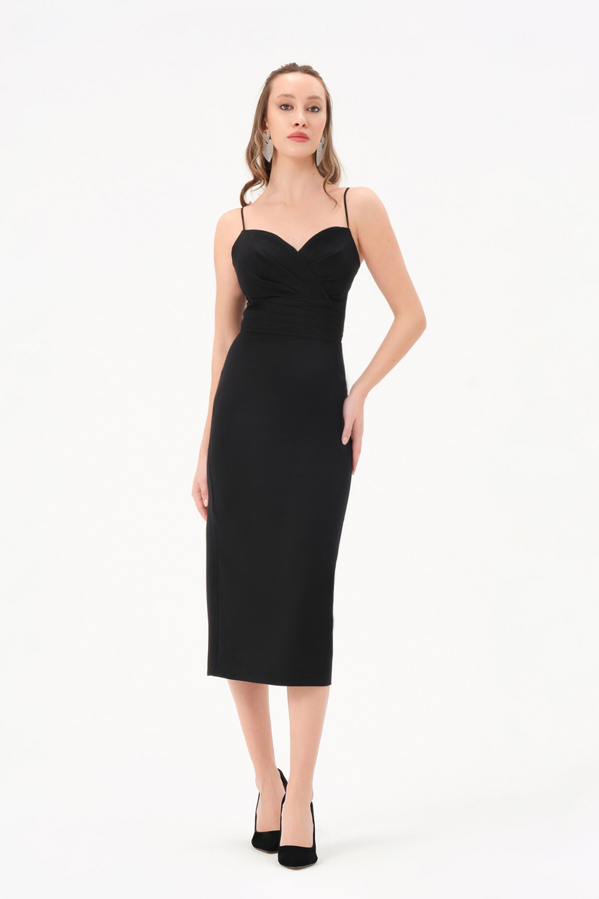 Askılı Drapeli Midi Elbise - 1572