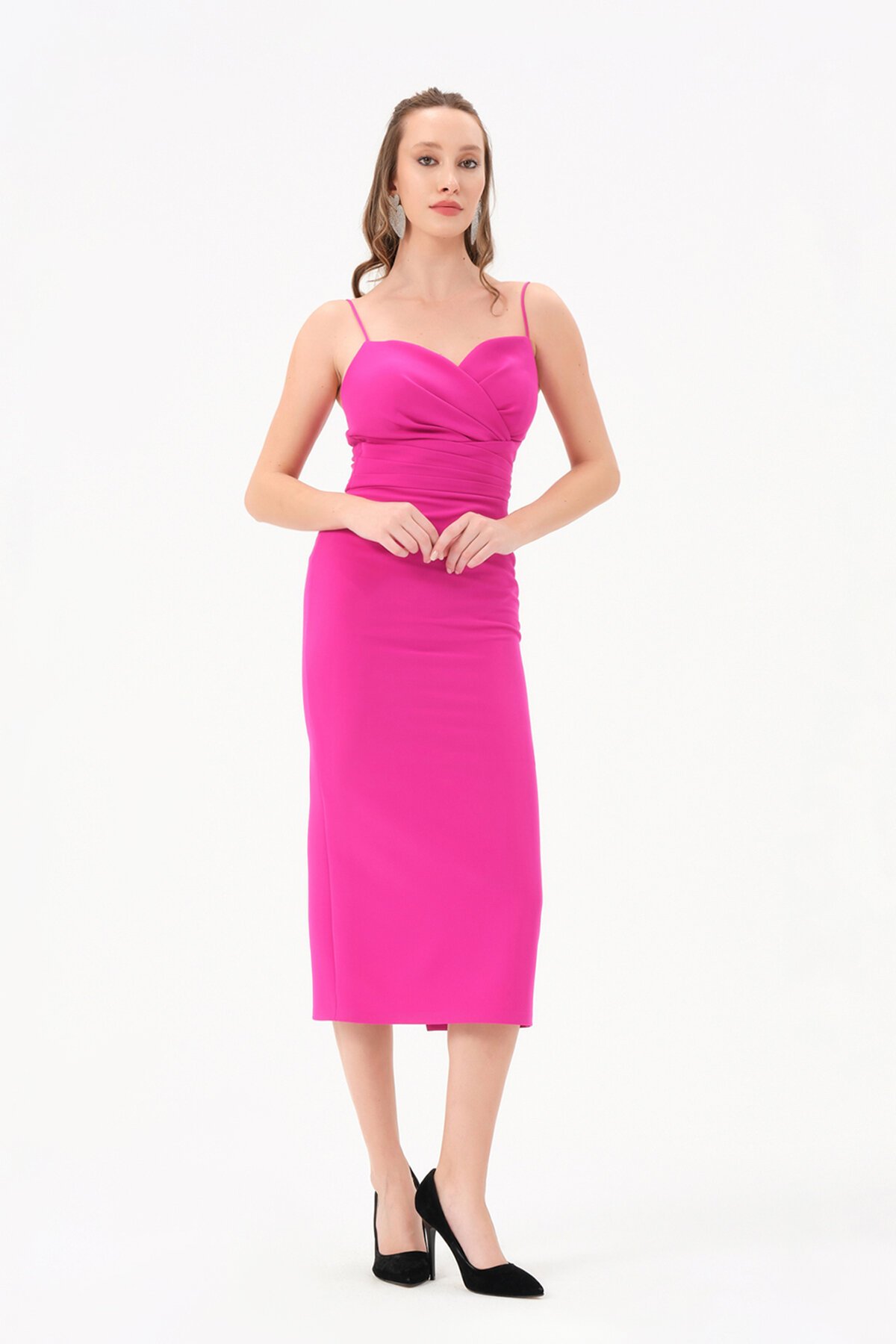 Askılı Drapeli Midi Elbise - 1572