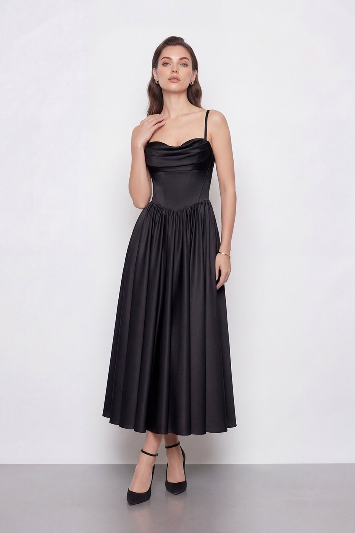 Askılı Drapeli Midi Elbise - 2070