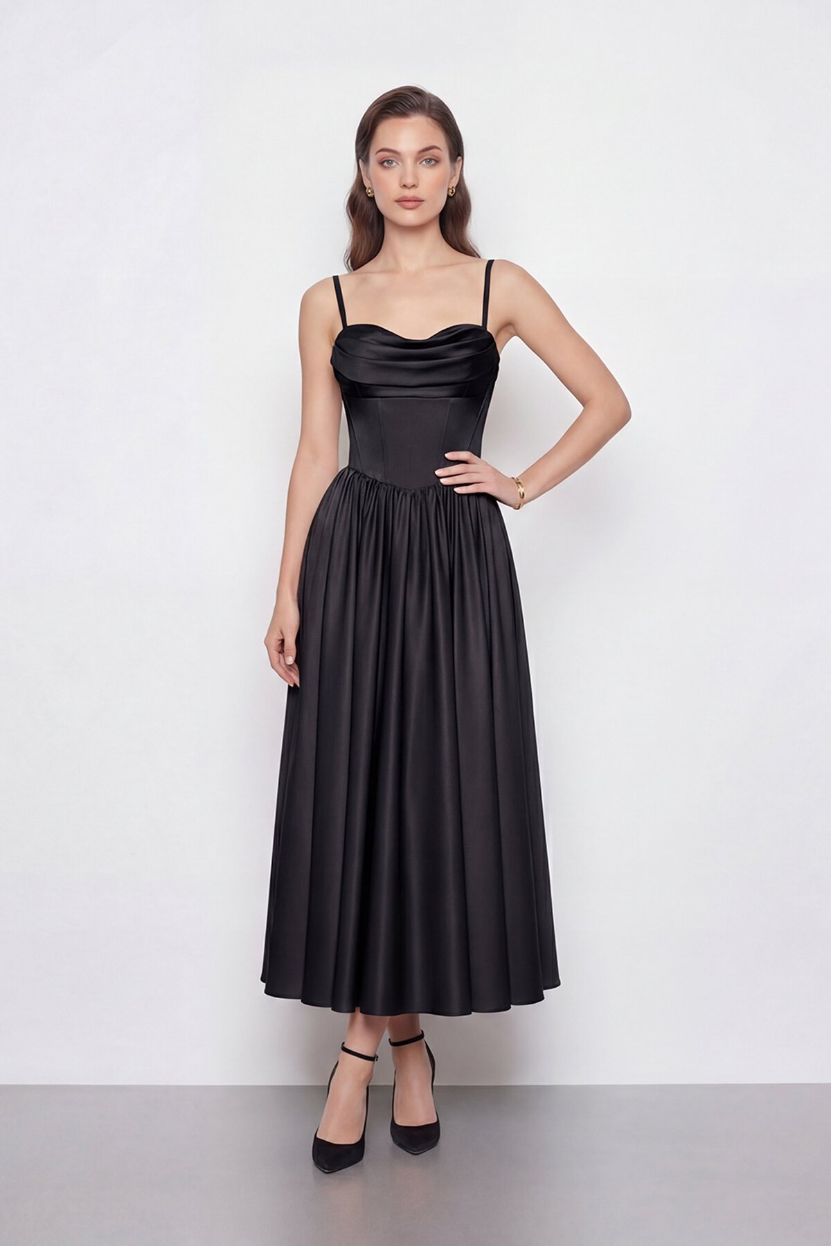 Askılı Drapeli Midi Elbise - 2070