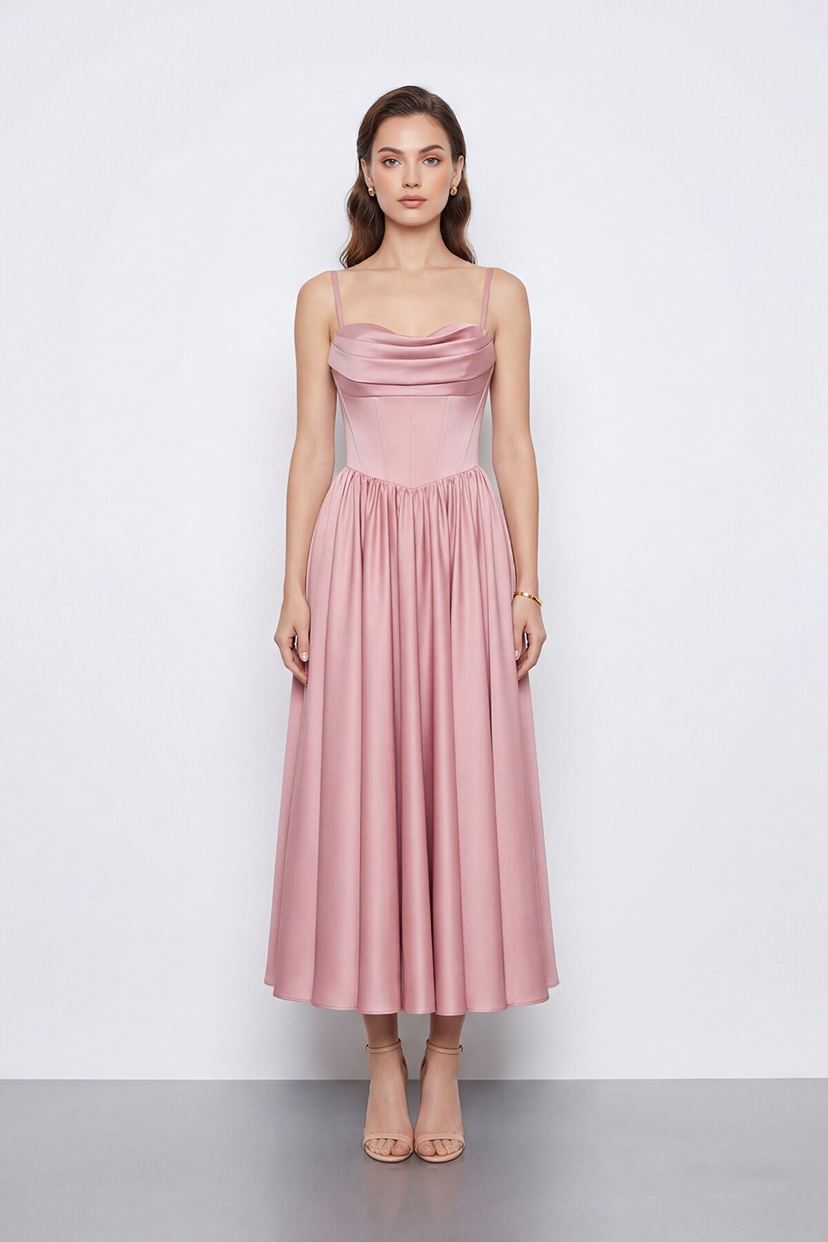 Askılı Drapeli Midi Elbise - 2070