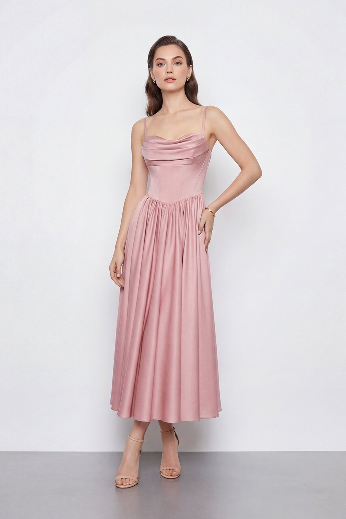 Askılı Drapeli Midi Elbise - 2070