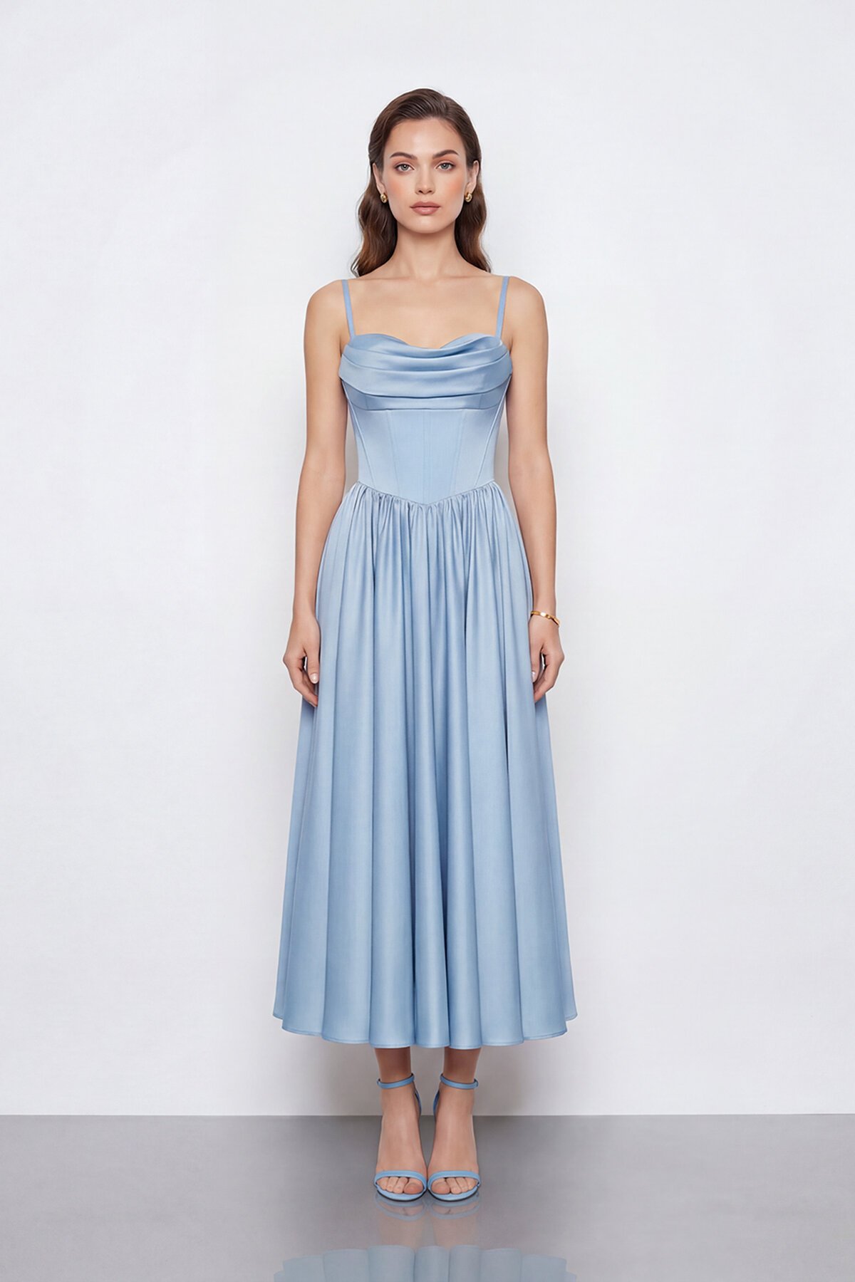 Askılı Drapeli Midi Elbise - 2070