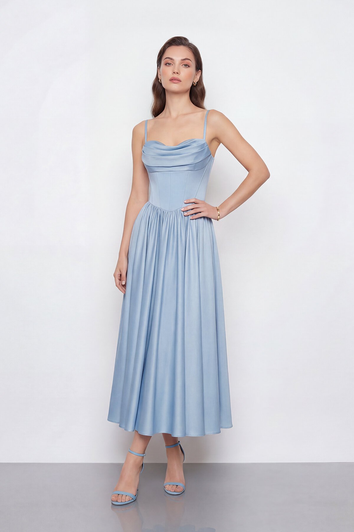 Askılı Drapeli Midi Elbise - 2070