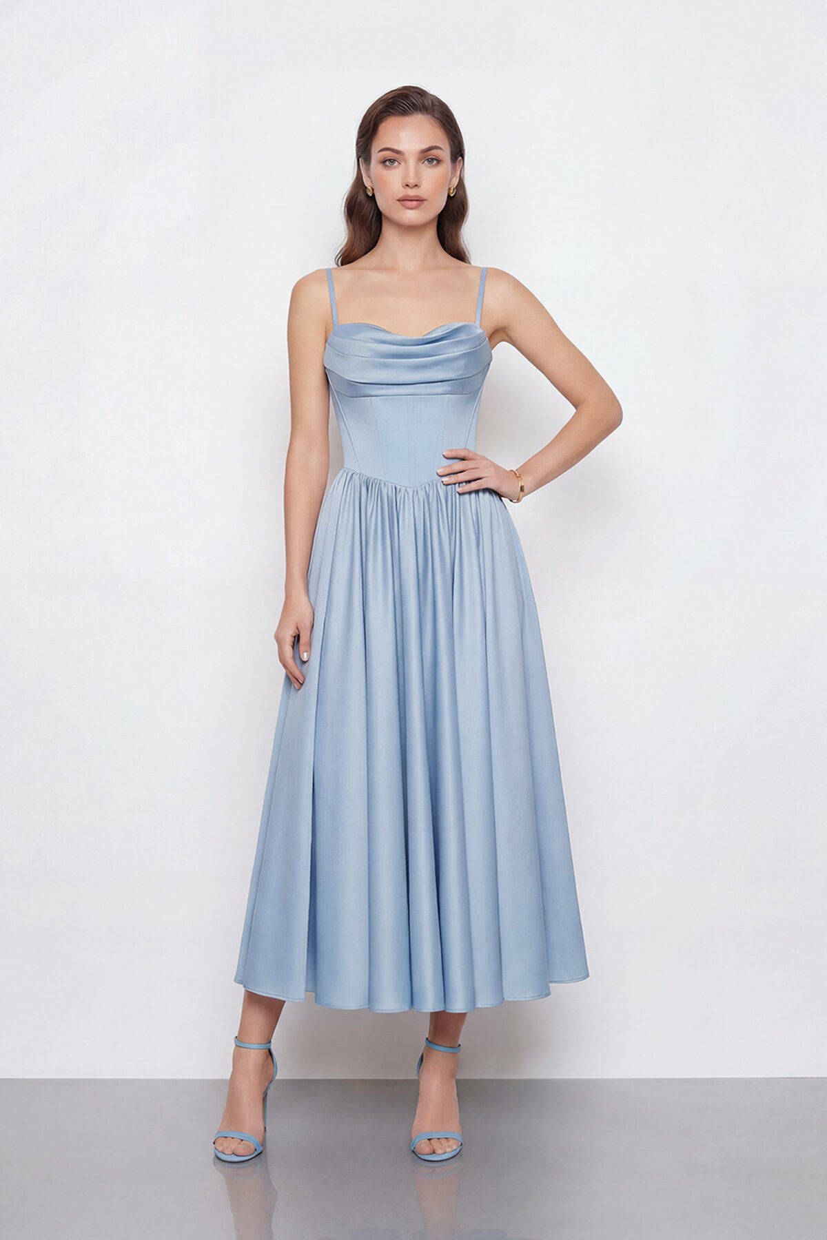 Askılı Drapeli Midi Elbise - 2070