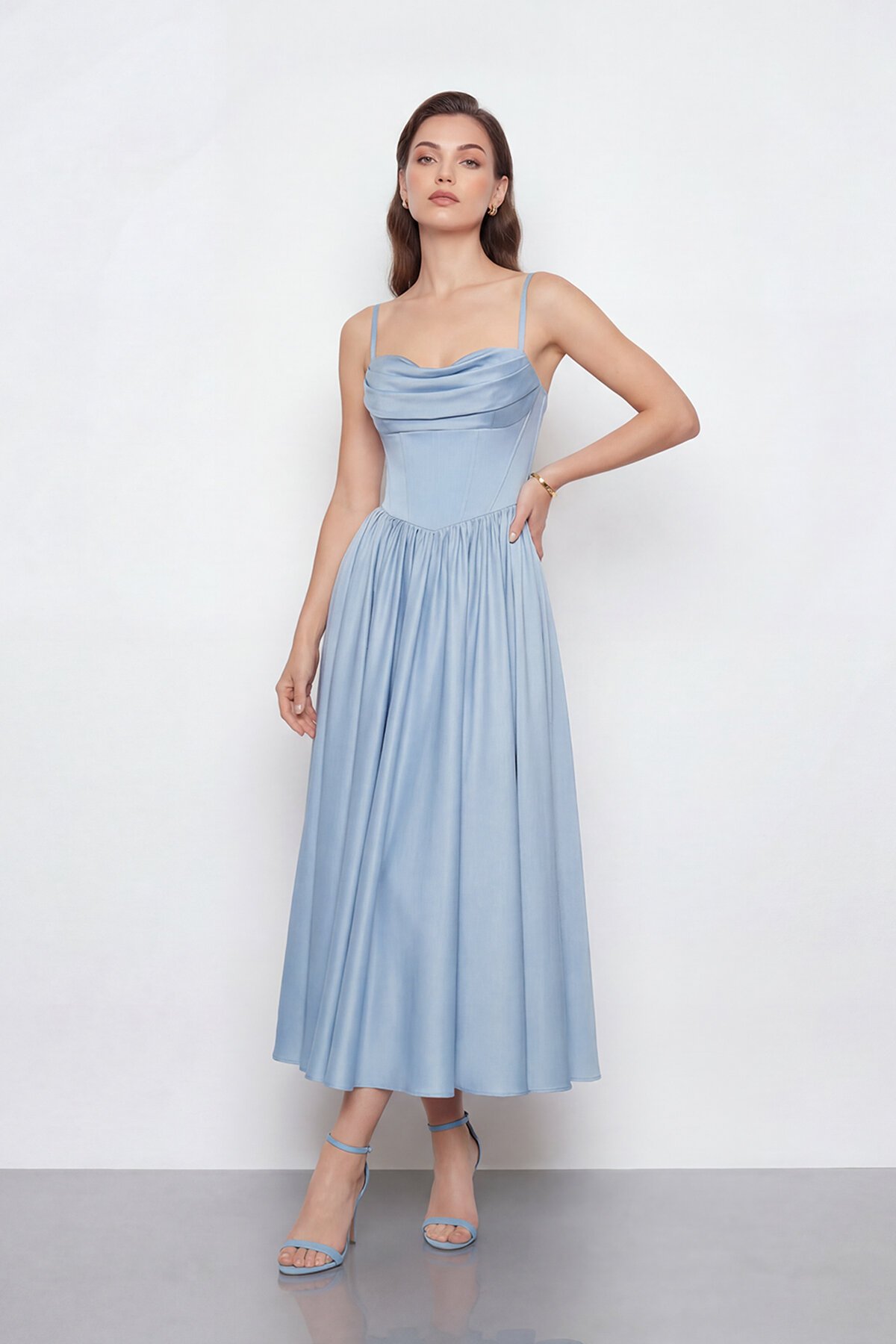 Askılı Drapeli Midi Elbise - 2070