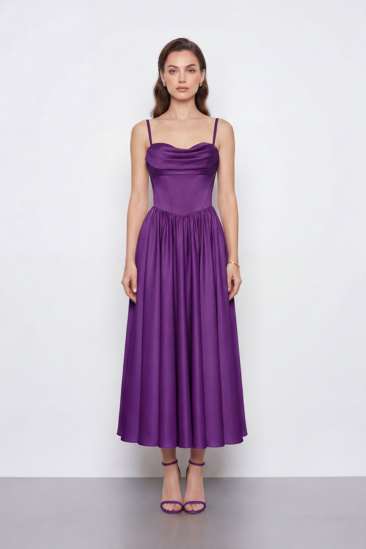 Askılı Drapeli Midi Elbise - 2070