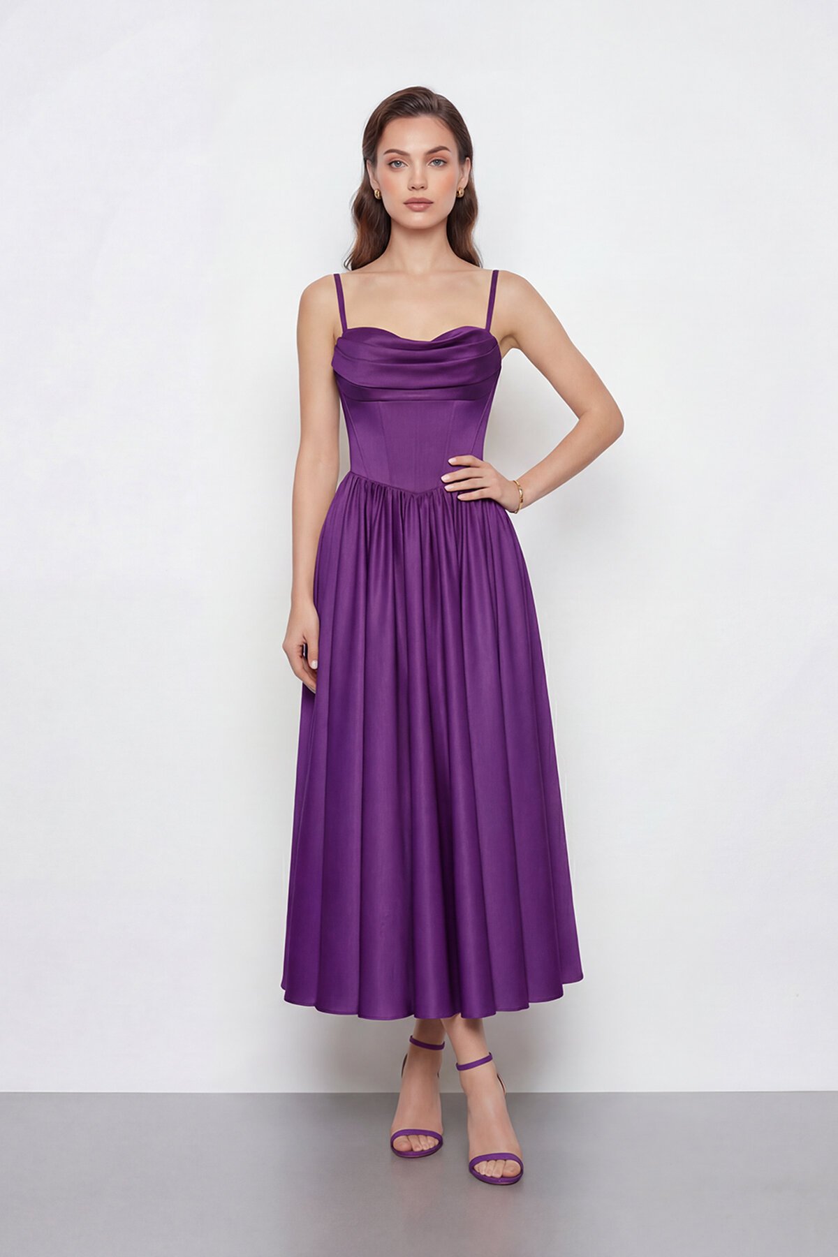 Askılı Drapeli Midi Elbise - 2070