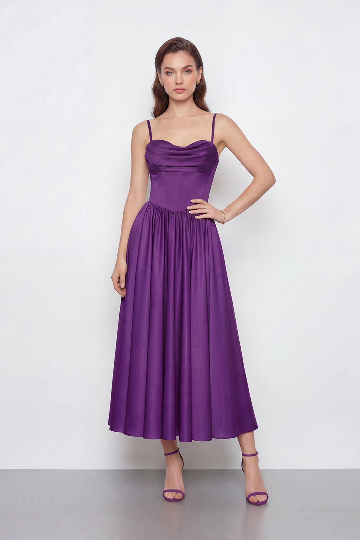 Askılı Drapeli Midi Elbise - 2070