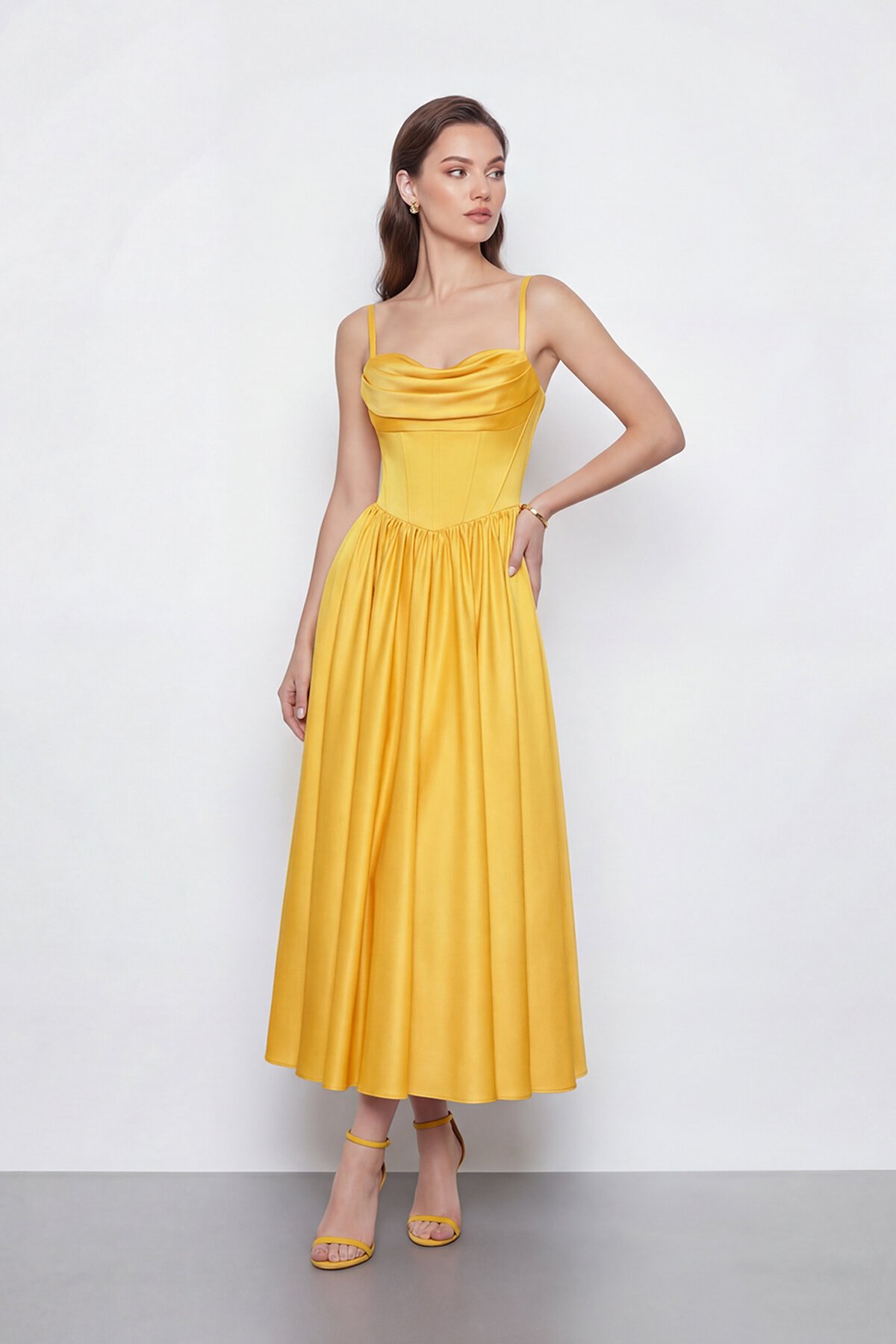 Askılı Drapeli Midi Elbise - 2070