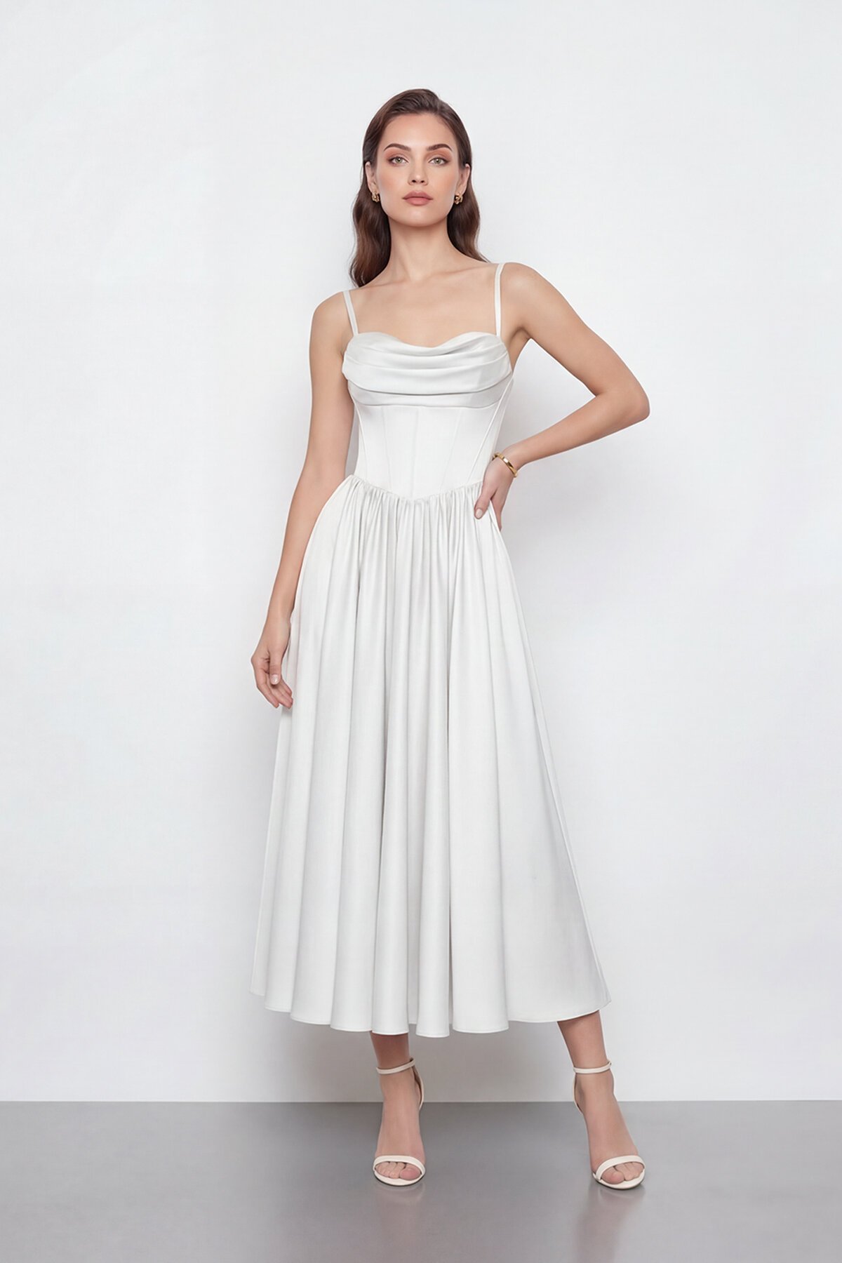 Askılı Drapeli Midi Elbise - 2070