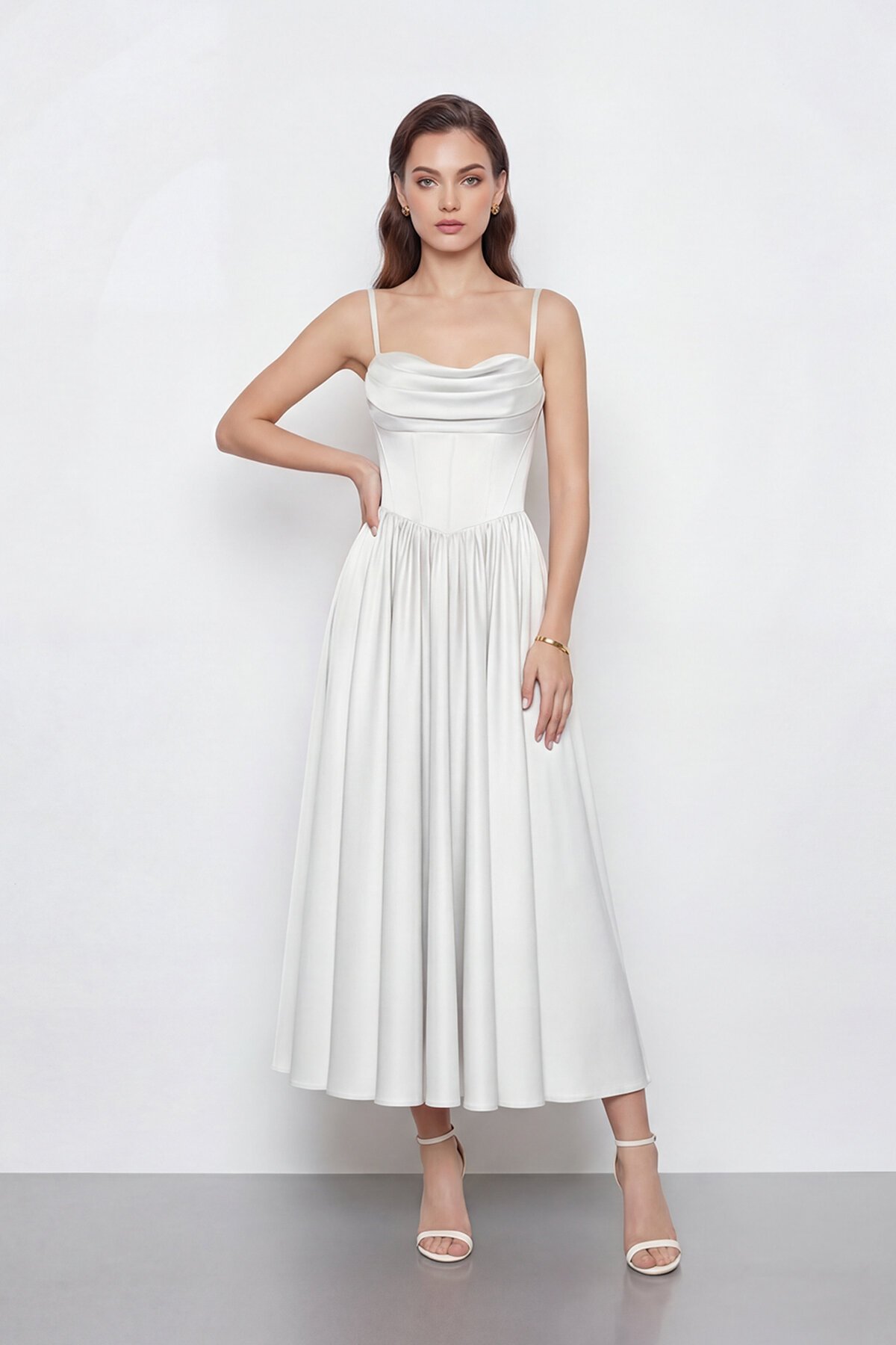 Askılı Drapeli Midi Elbise - 2070