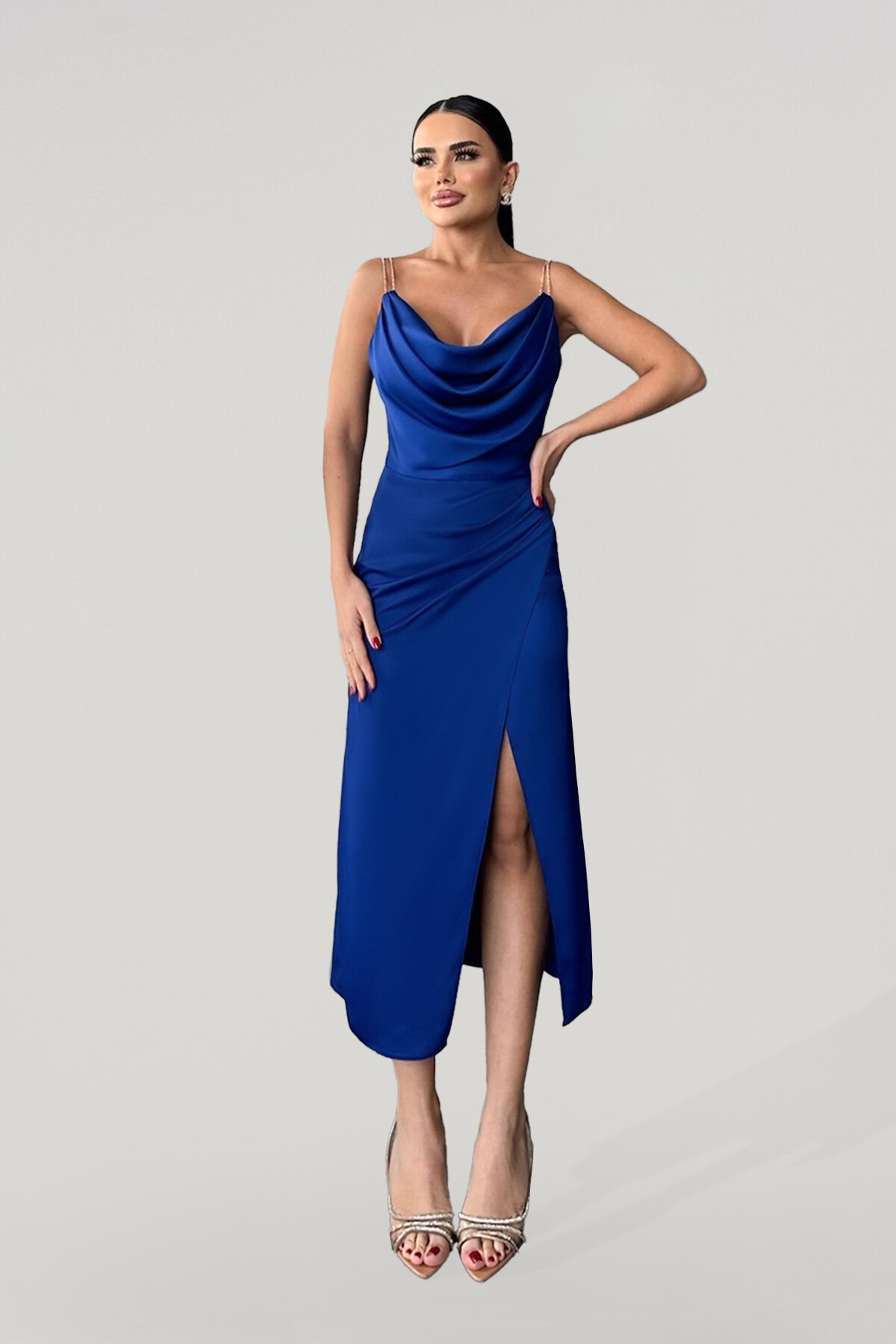 Askılı Drapeli Yırtmaçlı Elbise  - 1770